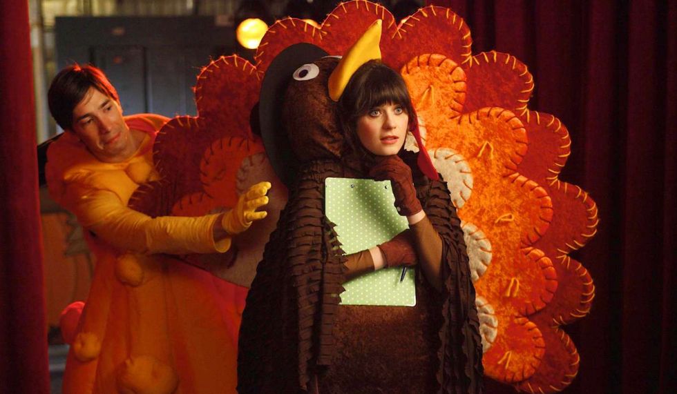 Jessica Day in a turkey costume