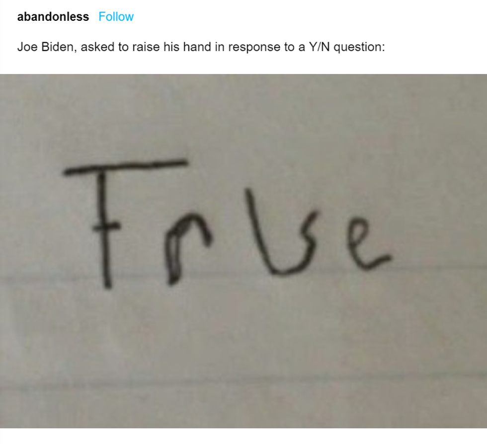 "Joe Biden, asked to raise his hand in response to Y/N question:"