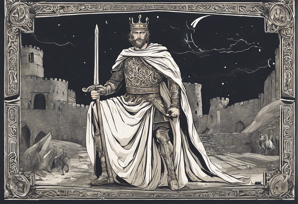 king arthur stands tall, inspired by greek mythology