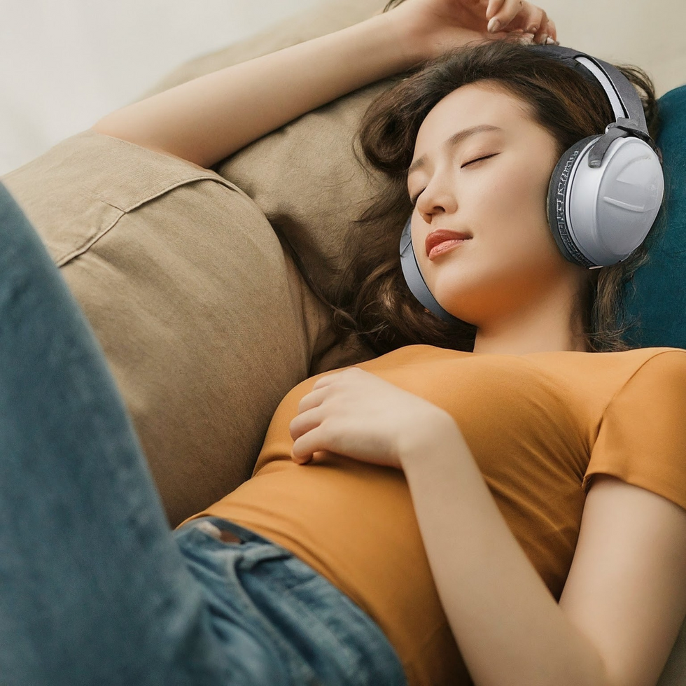 Lady sleeping on the sofa wearing a pair of headphones