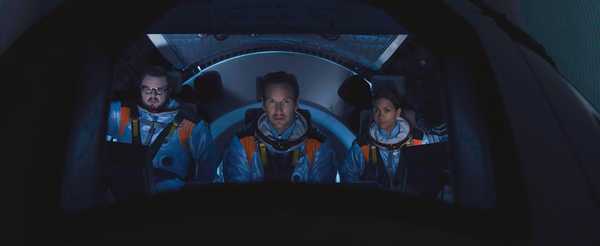 Left to right: John Bradley (as KC Houseman), Patrick Wilson (as Brian Harper) and Halle Berry (as Jocinda Fowler) sit in a cockpit during a scene from sci-fi epic "Moonfall."