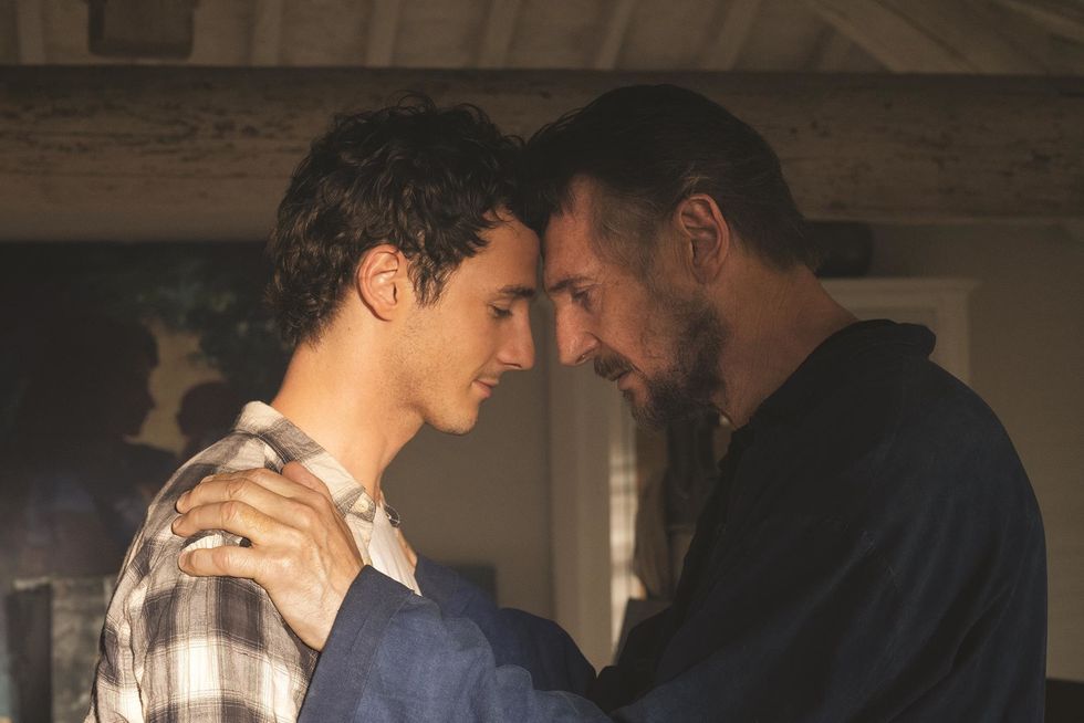 ​Liam Neeson (right) as "Robert" and Michaél Richardson as "Jack" in James D'Arcy's "Made In Italy." The father-son duo share a moment and press their foreheads together.