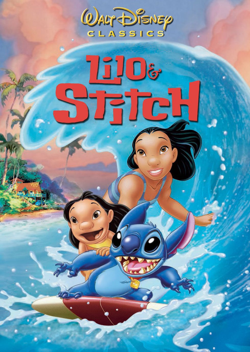 Lilo and Stitch surfing a wave with Nani.