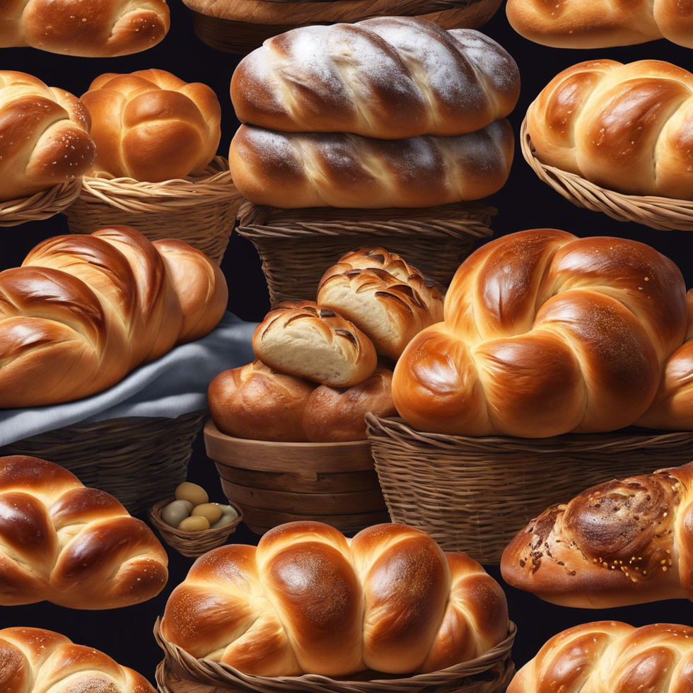 loaves of challah and easter bread stacked up aside each other, an abundance of food in baskets