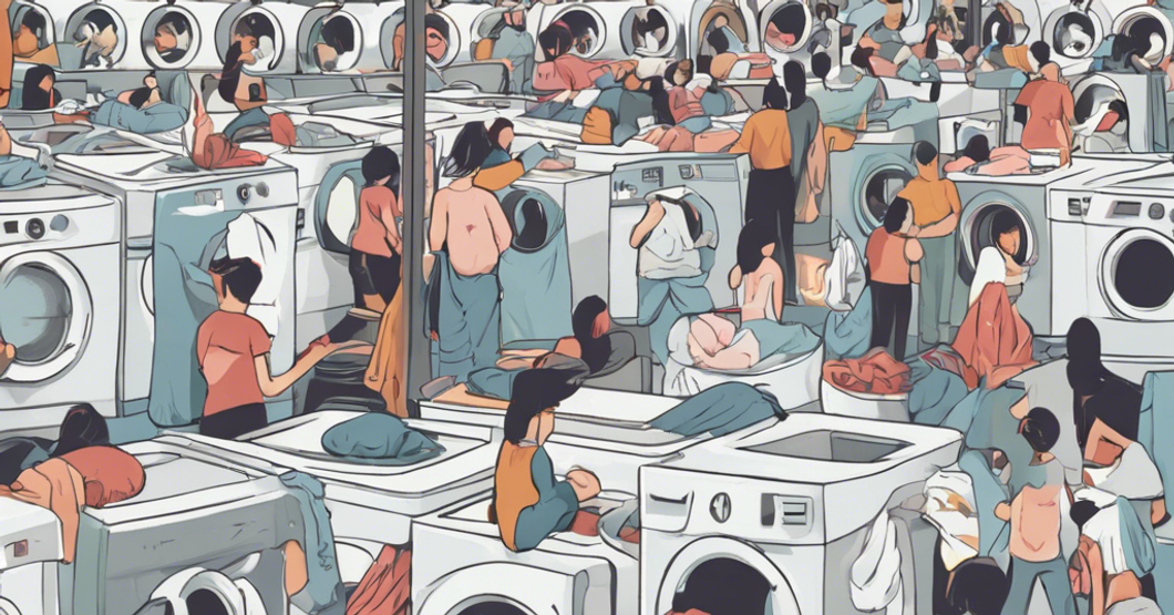 lots of people doing laundry in a room full of washing machines 