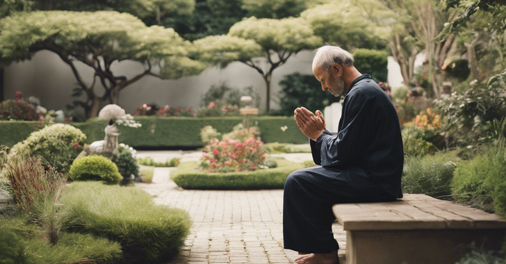 man praying in quiet garden area