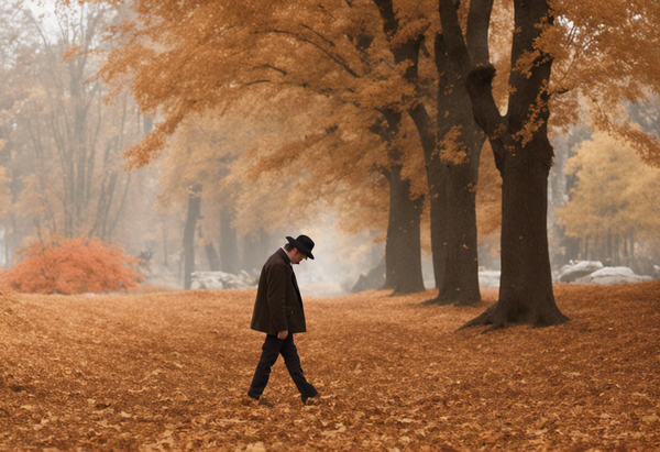 man walks with head down during autumn season with big 'i hate fall' vibes