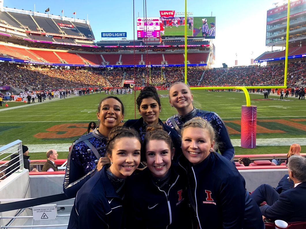 Marching Illini Color Guard gals cheering on our Illini at Levi's Stadium