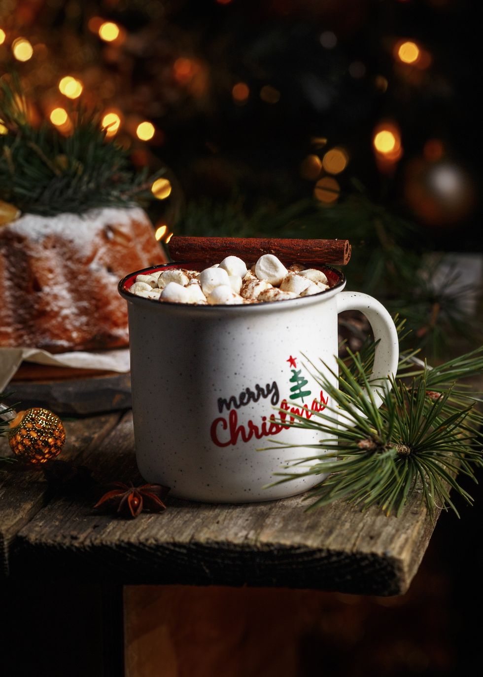 Merry Christmas mug with hot chocolate and mini marshmallows