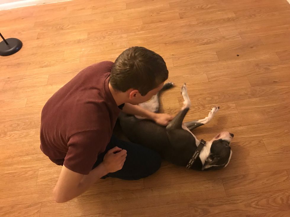 My boyfriend petting our dog.