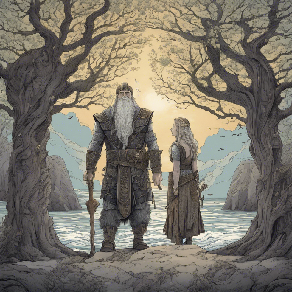 Odin, Vili, and Ve creating the first humans, Ask and Embla, from tree logs by the seashore. Night and Day ride their horses, Hrimfaxi and Skinfaxi, across the sky, illuminating Midgard.