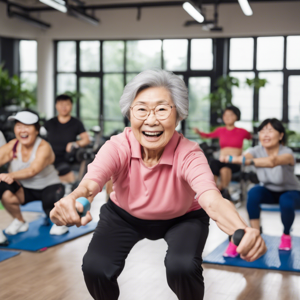 old asian lady working out hard in a workout class filled with young people
