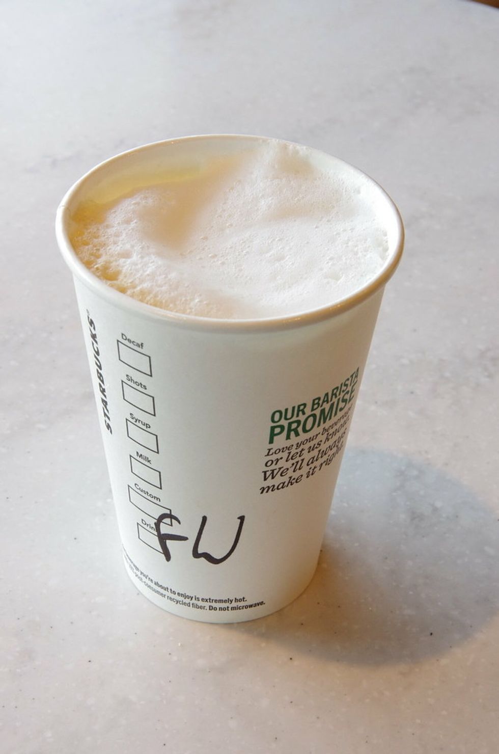 overtop view of starbucks cup with frothy milk on top