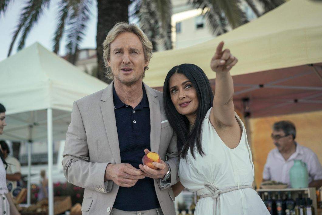 Owen Wilson, who plays Greg, stands left of Salma Hayek, who plays Isabel in sci-fi drama "Bliss."