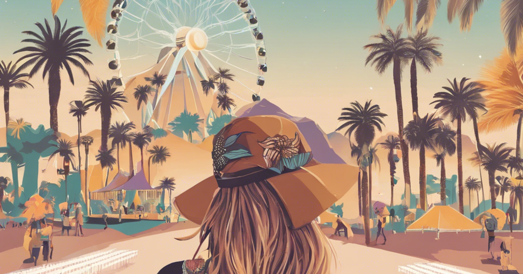 Painting of a girl in a hat with palm trees and a Ferris wheel