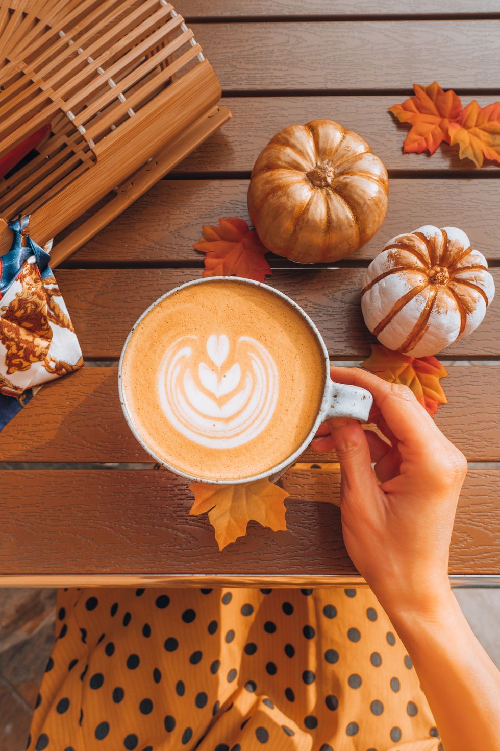 person holding cup of coffee with pumpkins and orange leaves around them