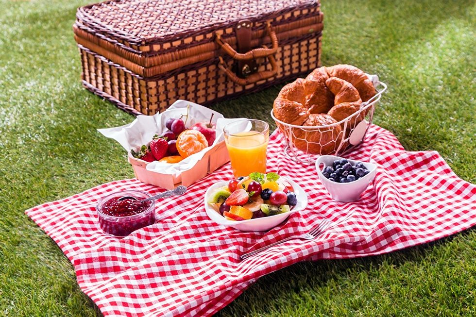 Picnic blanket on grass with fruit