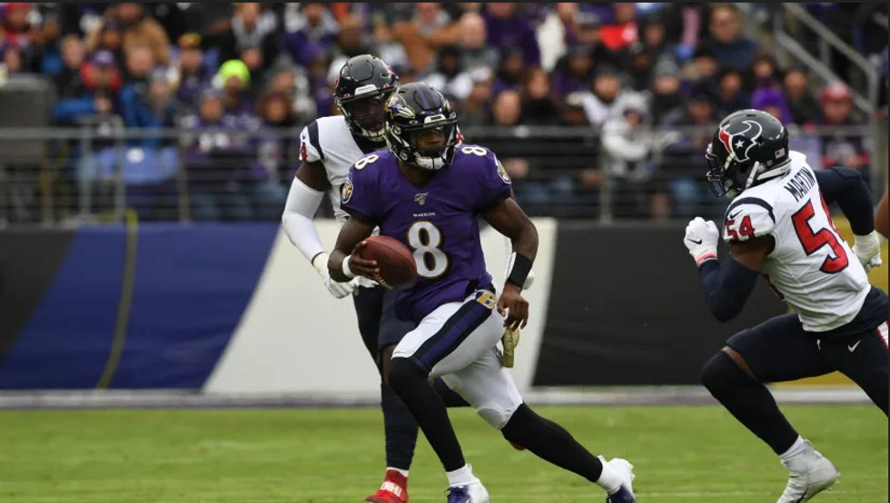Ravens QB and MVP frontrunner Lamar Jackson running the ball against the Houston Texans. Ravens 41, Texans 7 (11-17-19)
