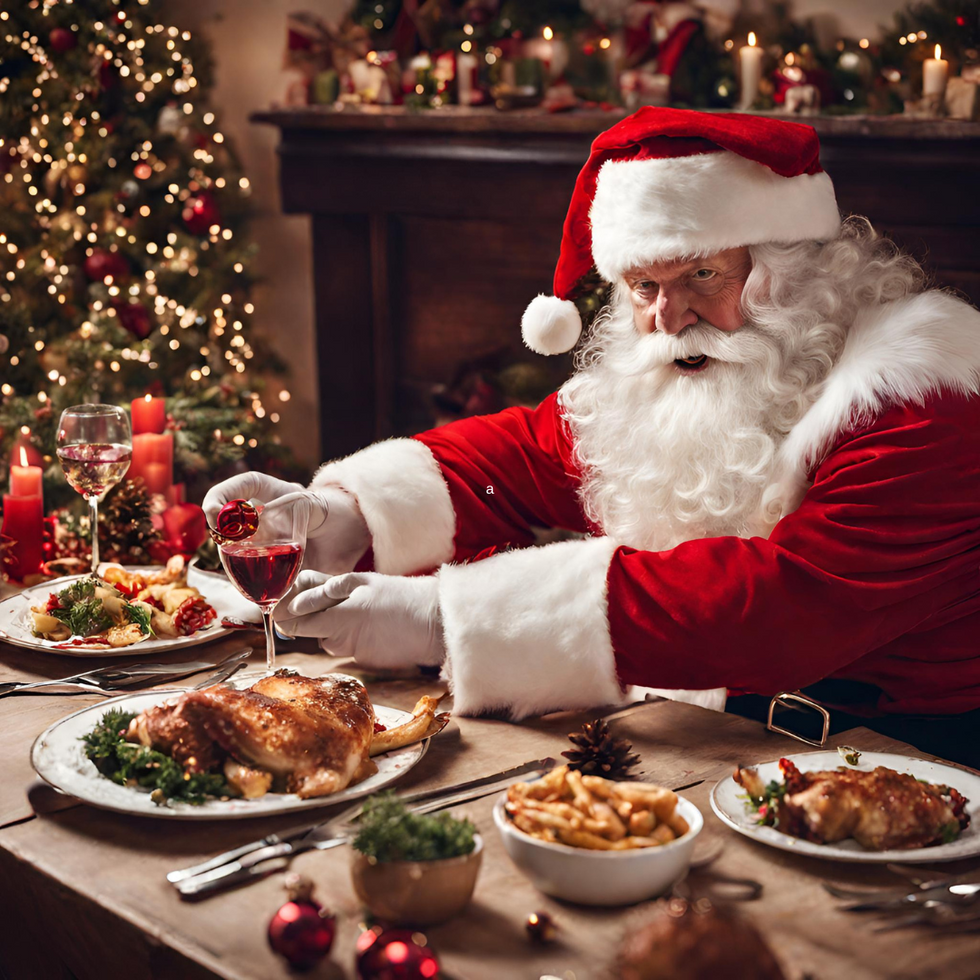 Santa at a table with a traditional Christmas dinner and a glass of wine