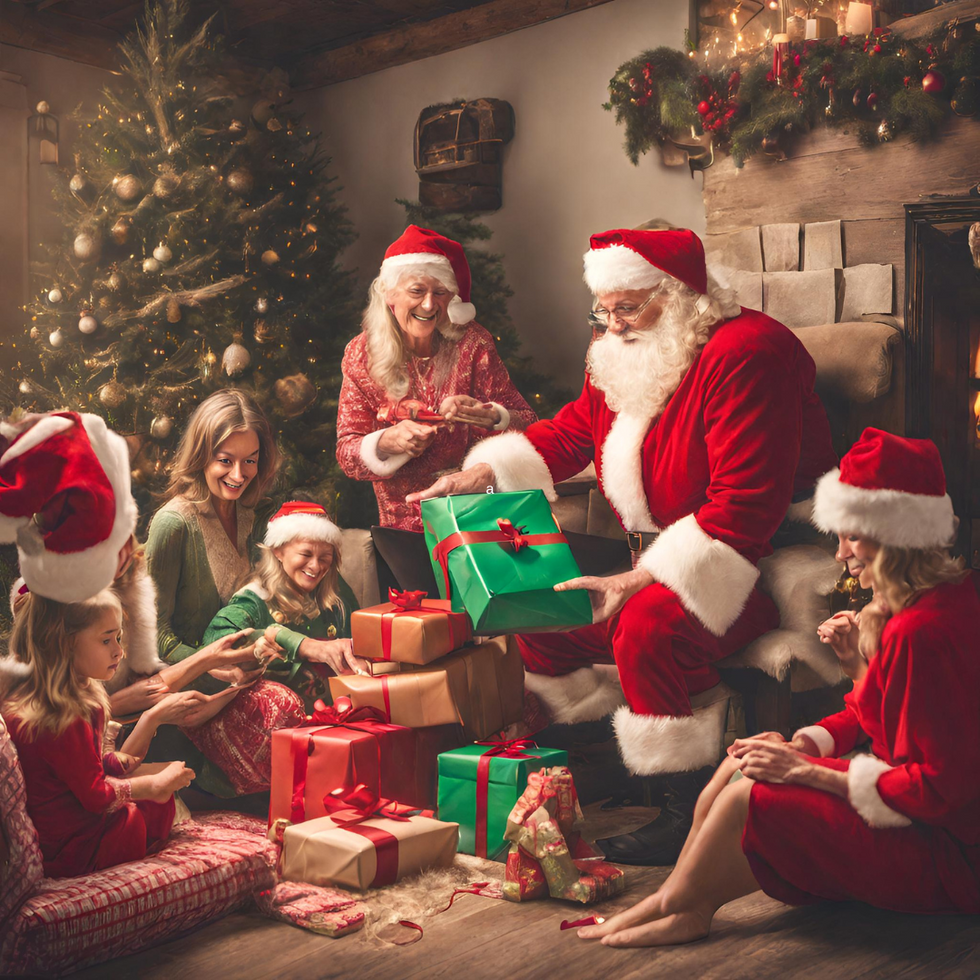 Santa, Mrs Claus and elves with a pile of wrapped Christmas presents