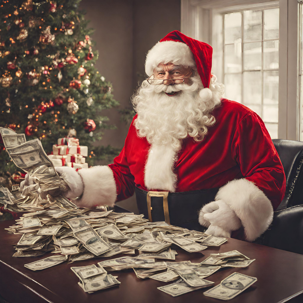 Santa sat at a desk surround by lots of cash
