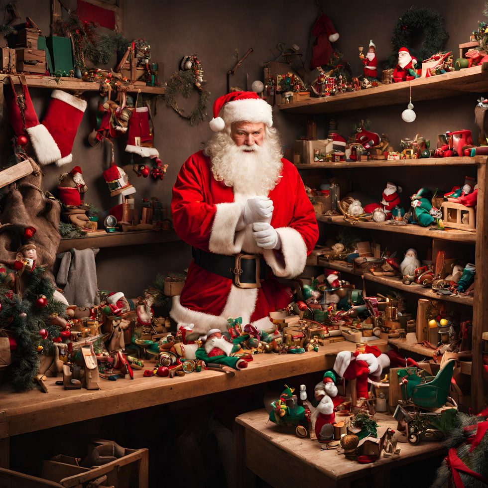 Santa standing in his workshop surrounded by lots of wooden toys