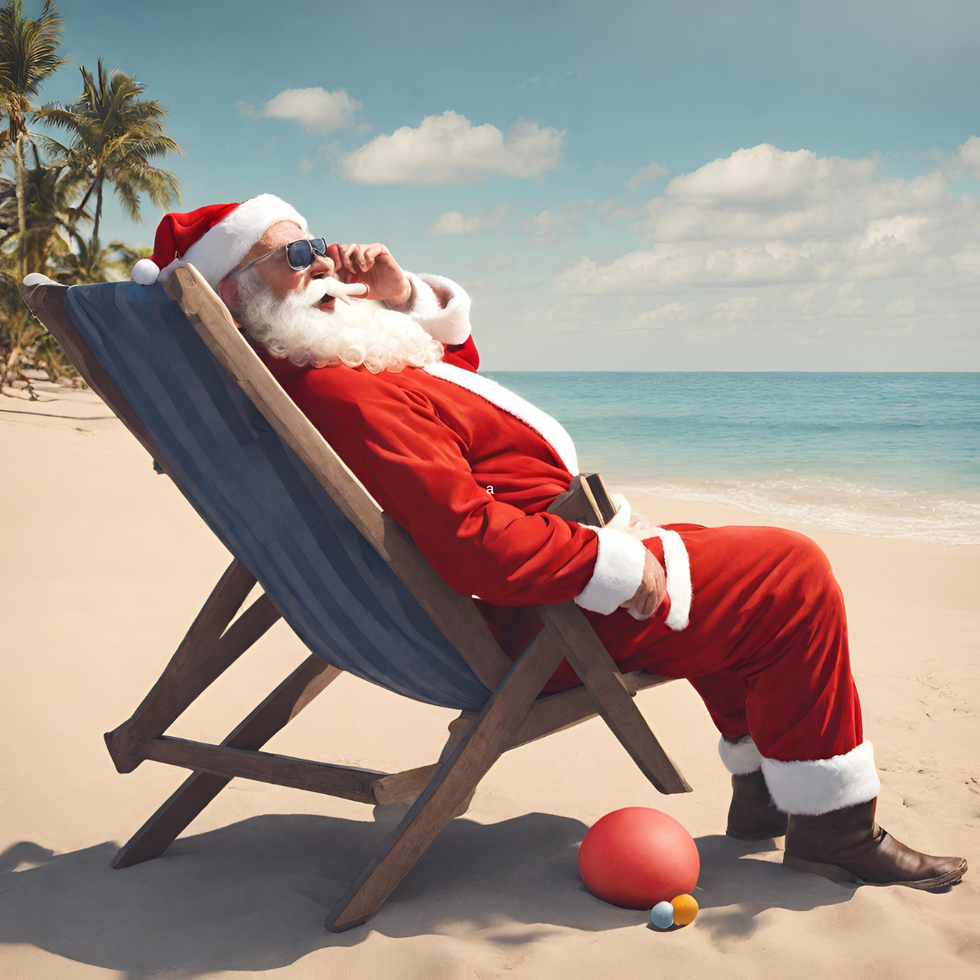 Santa wearing sunglasses reclining on a deckchair on the beach