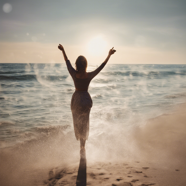 silhouette of a woman on the beach at sunrise