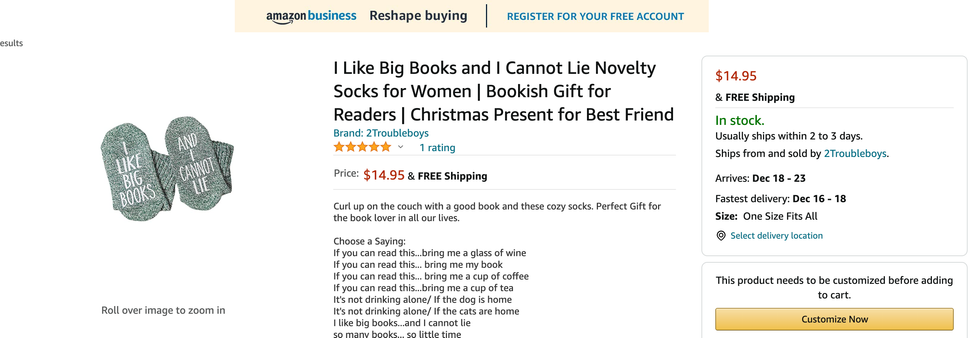 Socks that say "I like big books and I cannot lie"
