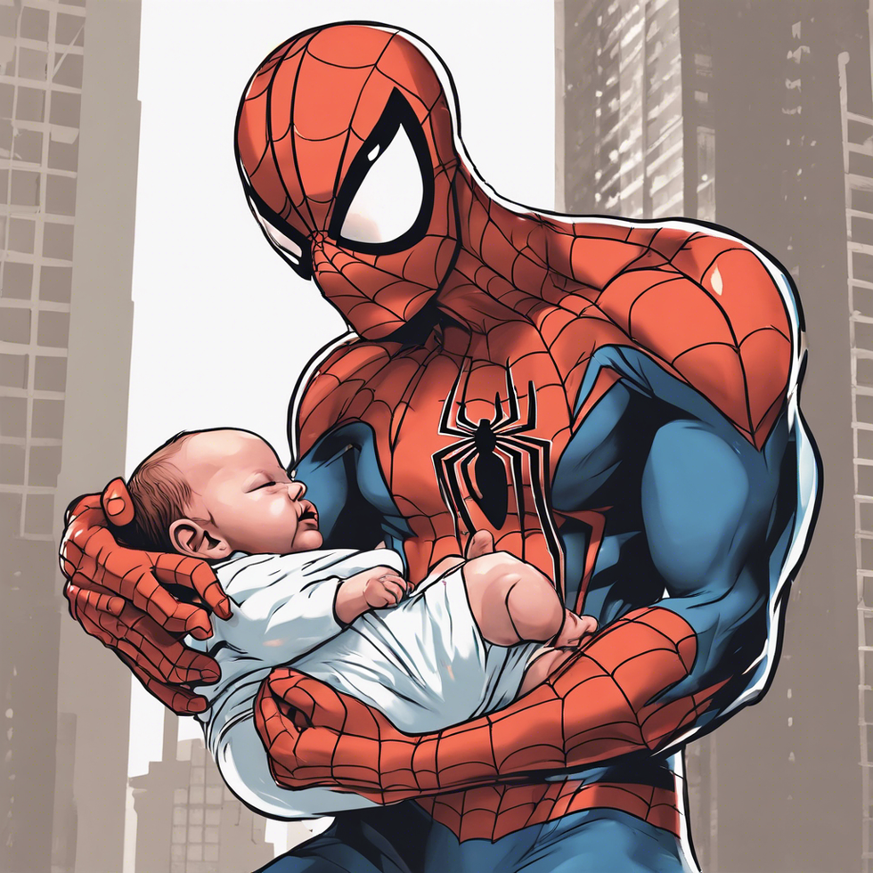 spiderman holding a baby