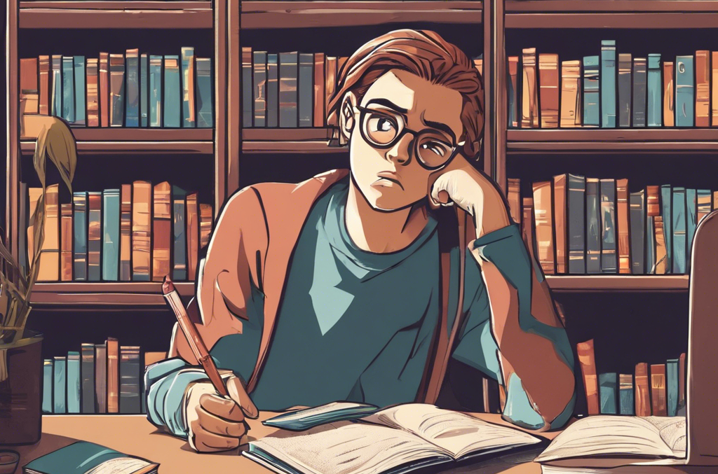 student thinking about finals in library