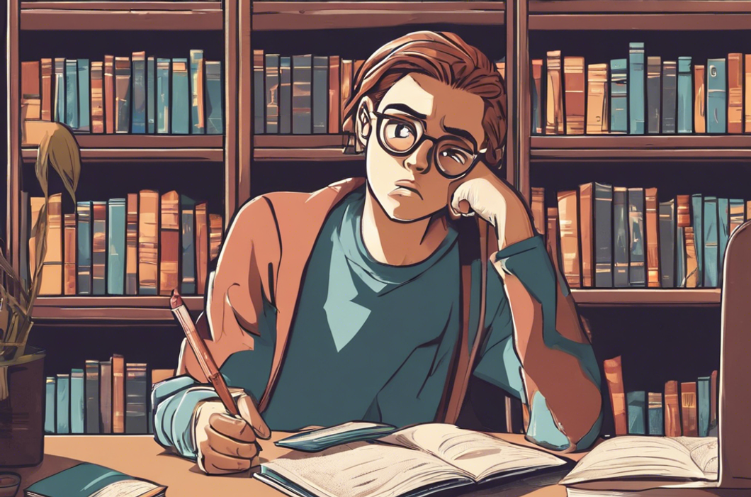 student thinking about finals in library