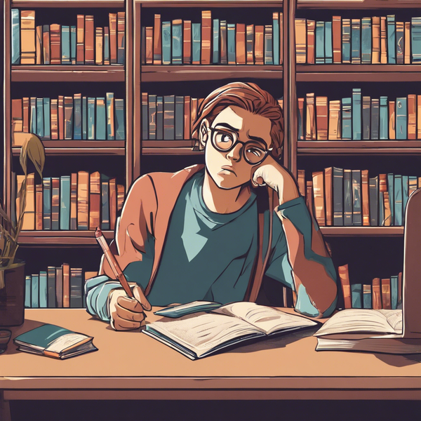 student thinking about finals in library