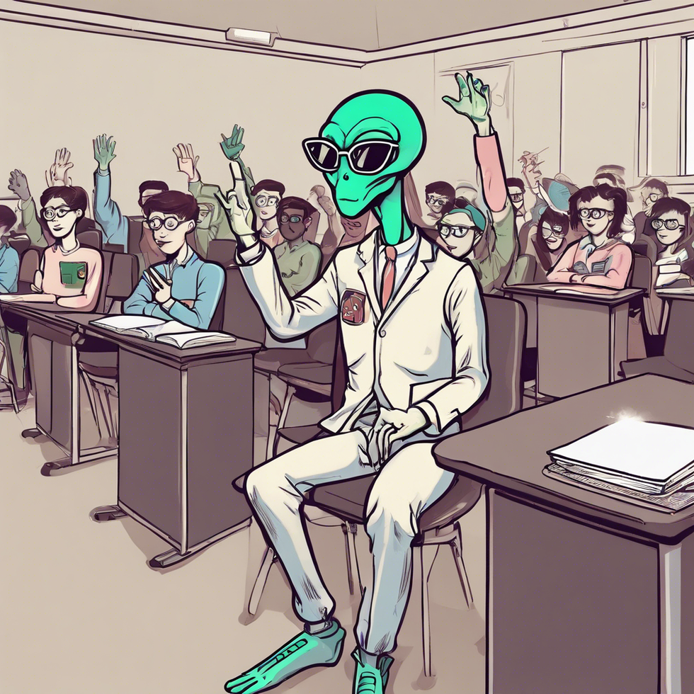 studious alien wearing glasses sitting in front row of college class raising one hand