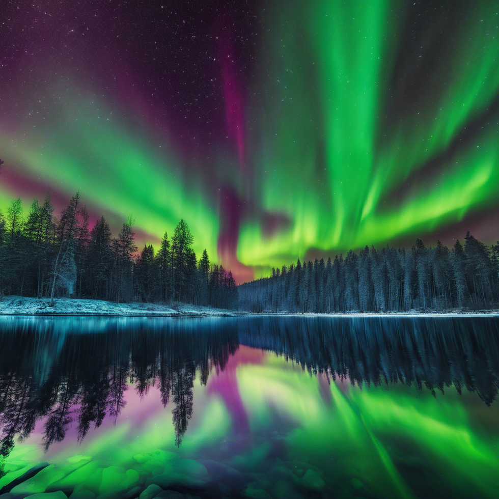 stunning aurora borealis display over a forest of trees and lake