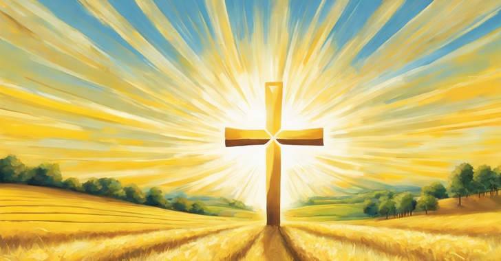 sunny day with a cross surrounded by golden fields
