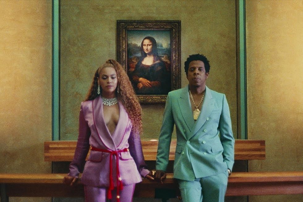 The Carters in their music video for "APES***"
