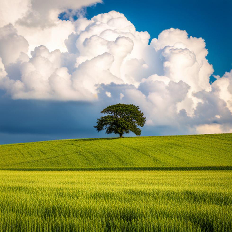 The clouds creep up on a blue sky above a green field with a tree