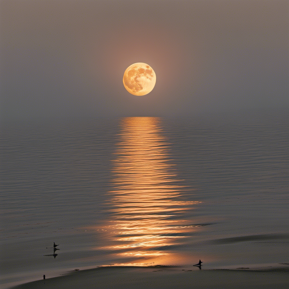 The moon shines along the water