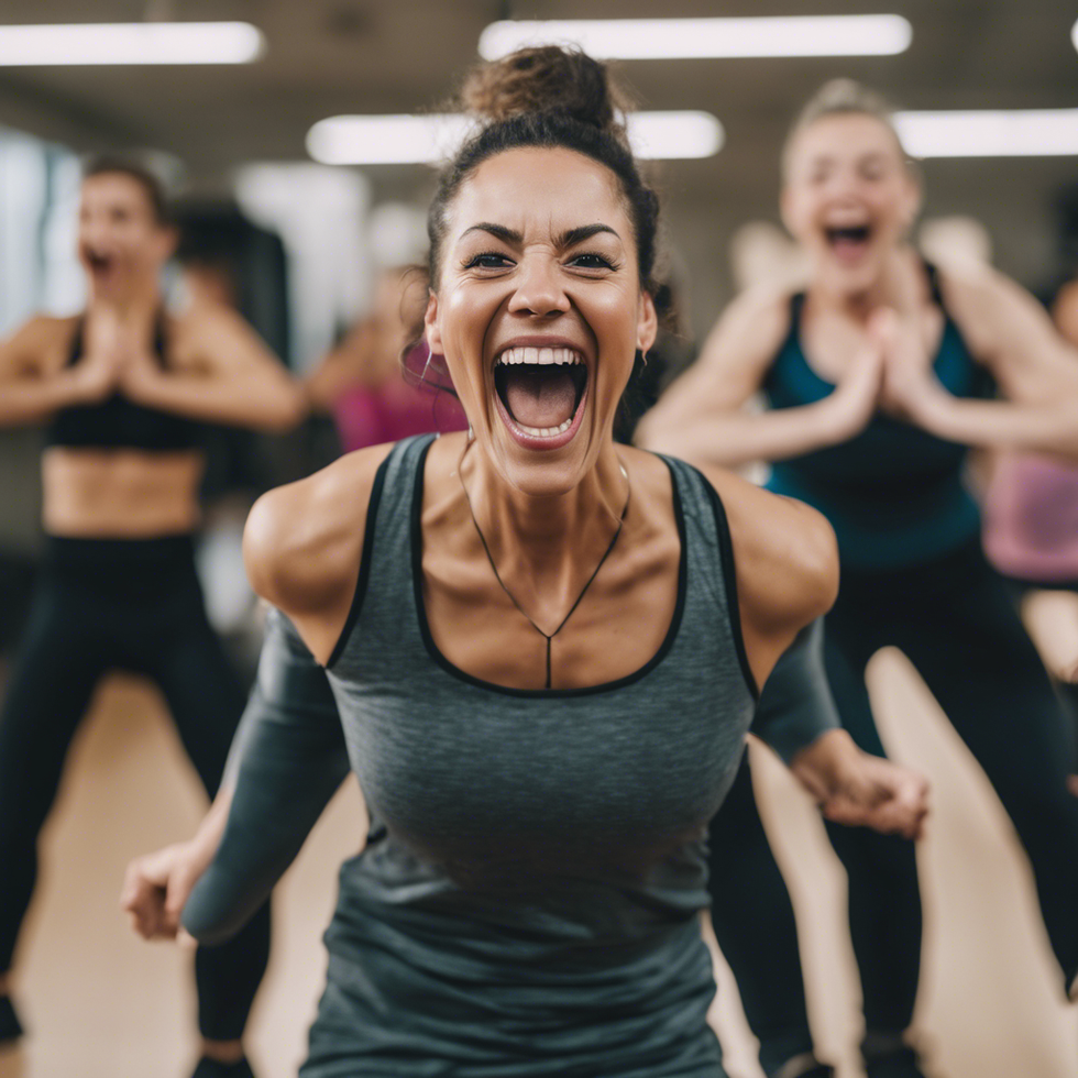 the overly energetic fitness instructor yelling and smiling in a workout class