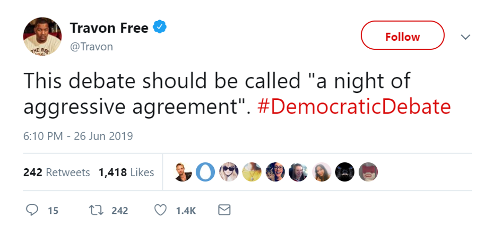 "This debate should be called "a night of aggressive agreement". #DemocraticDebate"