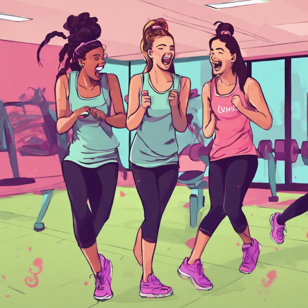 three teenage girls that secretly laugh and not paying attention in the back of a zumba class while everyone else is working out