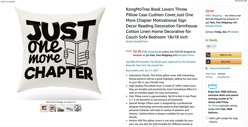 Throw pillow that reads "Just One More Chapter"