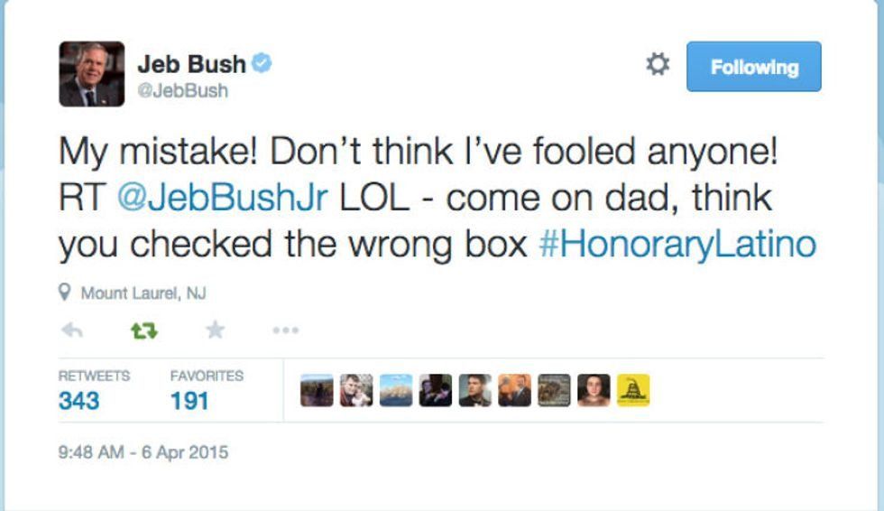 Tweet from Jeb Bush apologizing for listing himself as Latino in a voter registration form