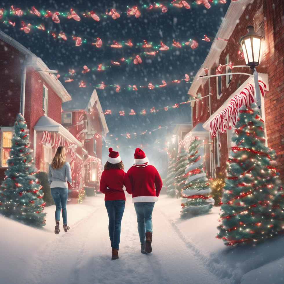 two friends strolling down candy cane lane backs to the camera with snow falling and holiday lights around them