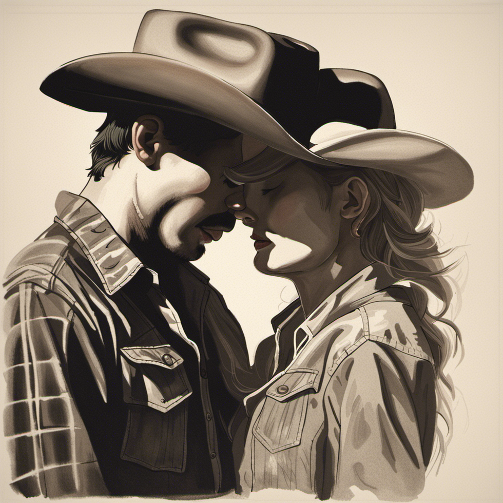 Two lovers wearing cowboy hats draw near to each other
