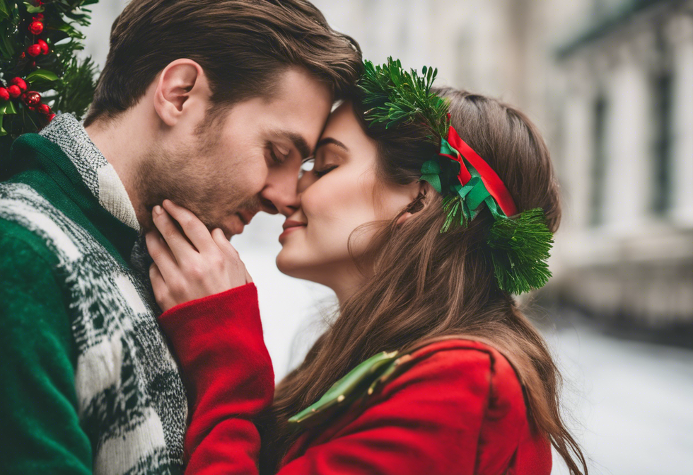 two romantic lovers near a kiss under mistletoe for the christmas season