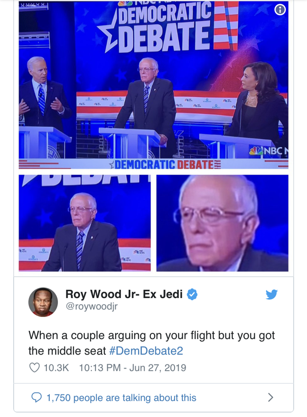 "When a couple arguing on your flight but you got the middle seat #DemDebate2"