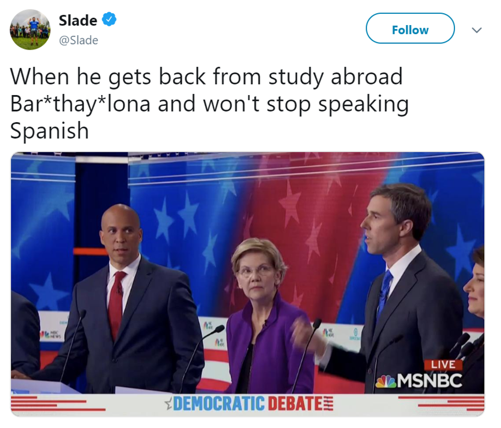 "When he gets back from study abroad Bar*thay*lona and won't stop speaking Spanish"