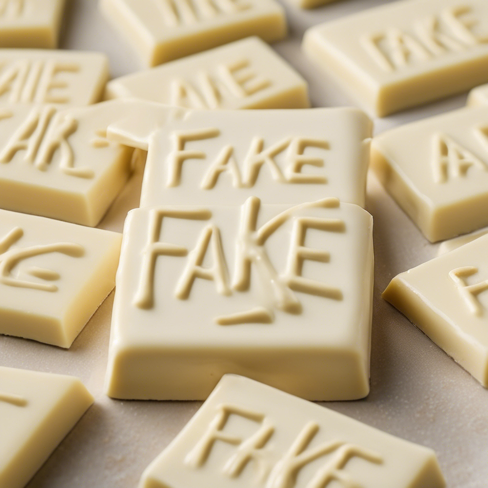 white chocolate that says fake over it